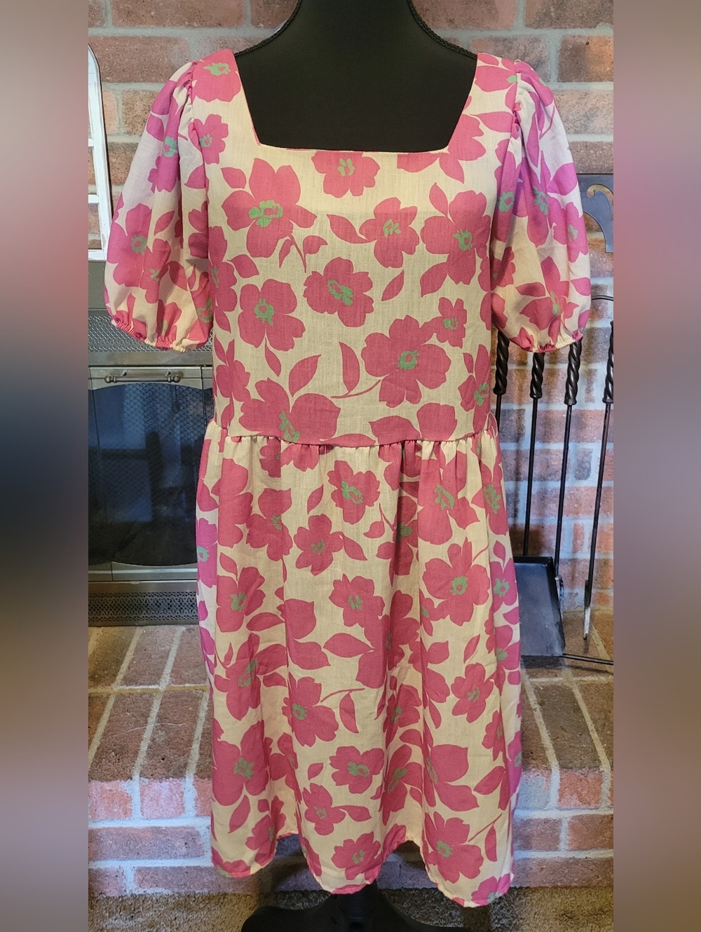 Pink Floral Bibi Puff Sleeve Midi Dress